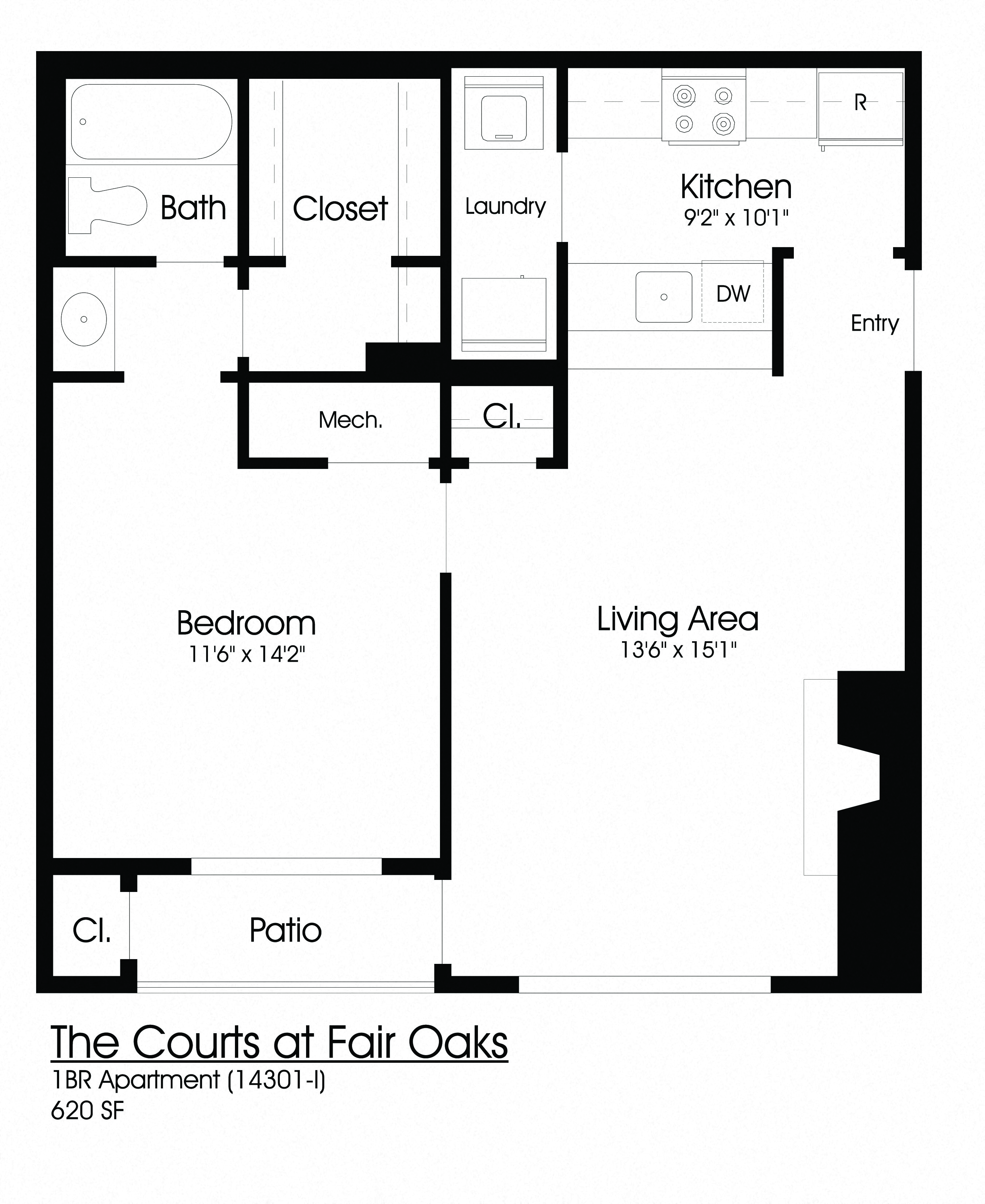 Floor plan for 1 bed, 1 bath, 650 sqft